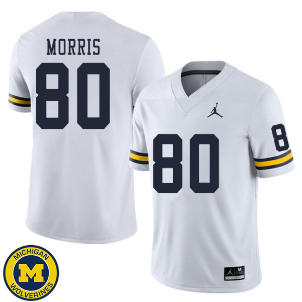 Mens Michigan Wolverines #80 Mike Morris White Embroidery Football Jersey